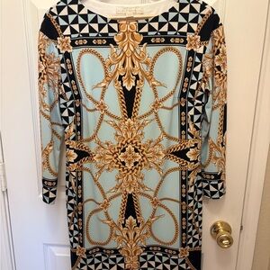 Boston Proper Black and Gold Baroque Long Sleeve Dress